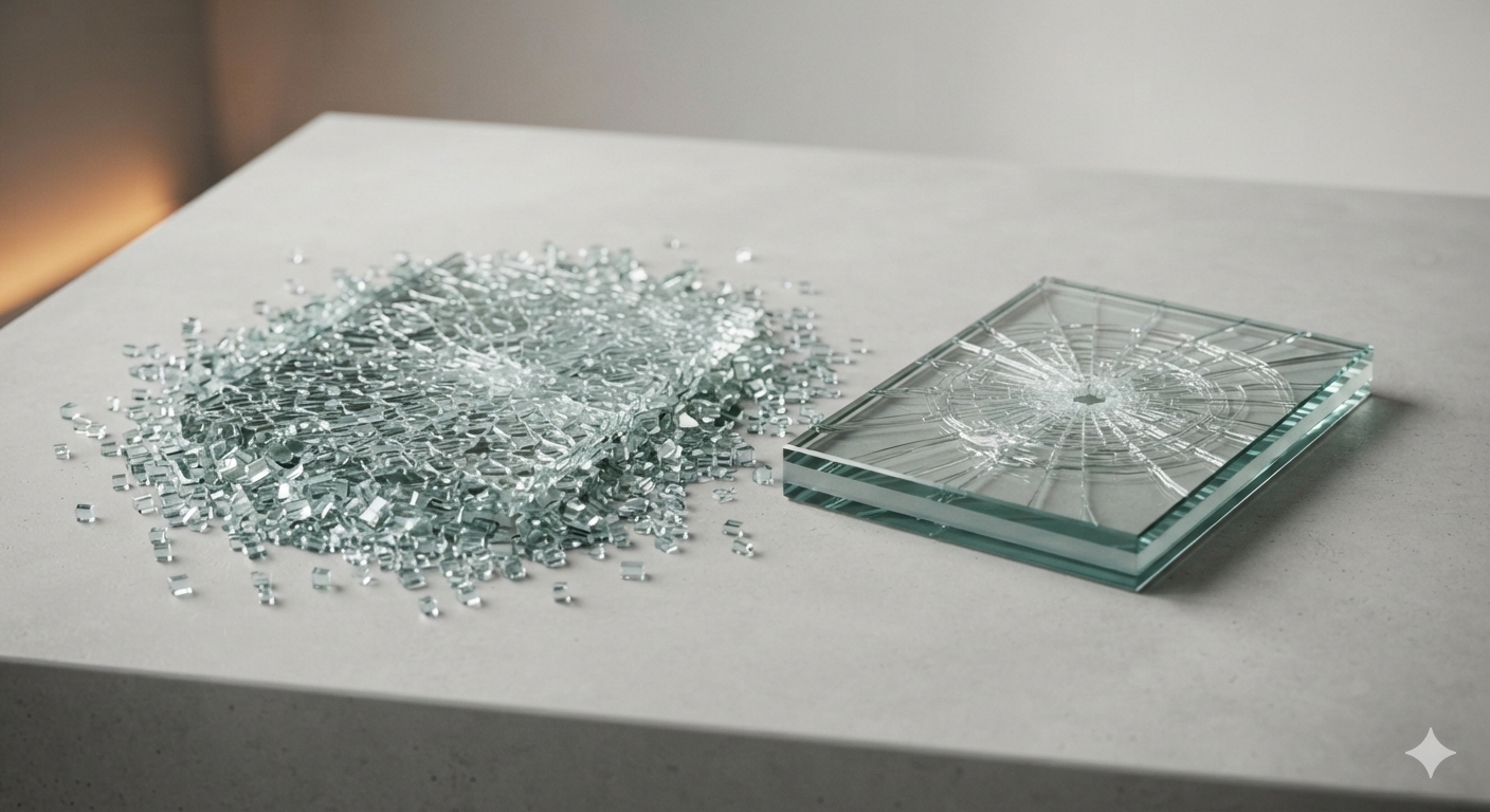 Tempered glass and laminated glass cross-section comparison showing breakage patterns